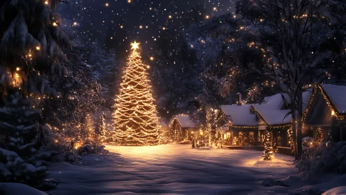 Snow-laden village plaza with luminous spiral Christmas tree.