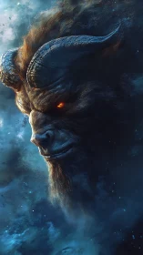 Demonic horned beast emerging through swirling cosmic mist.