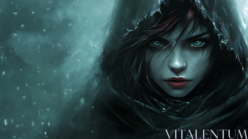 Hooded cryomancer portrait with glacial luminance rendering.