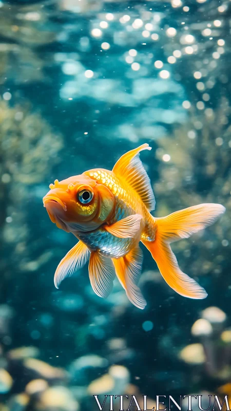 Goldfish suspended in blue aquatic environment underwater.