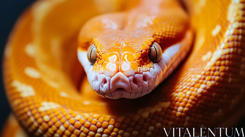 Macro close-up of coiled orange python with sharply resolved scales
