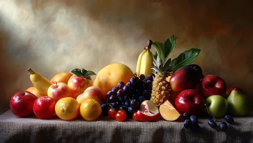 Luminous still life spread of assorted ripe seasonal fruits.