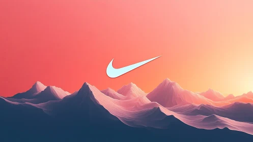 Minimal swoosh emblem hovers over neon-gradient mountain range