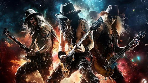 Rock guitar trio ignite cosmic stage with explosive energy.