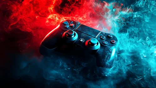 Dual-tone gaming controller in neon vapor lighting composition.