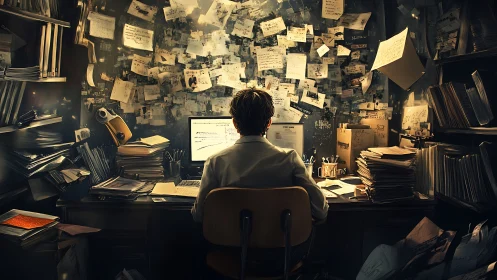 Data analyst at cluttered workstation under research evidence wall