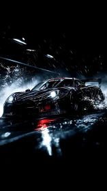 Nighttime GT race car rendered in high-contrast digital noir