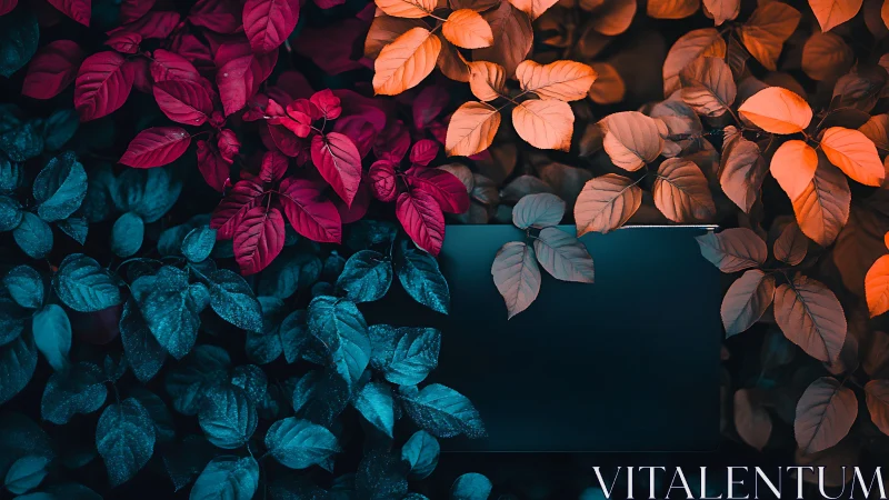 Triadic neon foliage framing concealed black tablet screen