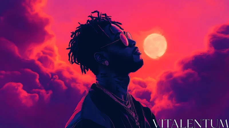 Neon-lit profile portrait against magenta clouds and oversize moon