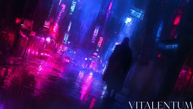 Lone figure in neon lit cyberpunk city street at night.