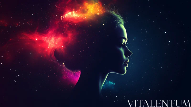 Nebular color fields integrate with silhouetted female profile in space