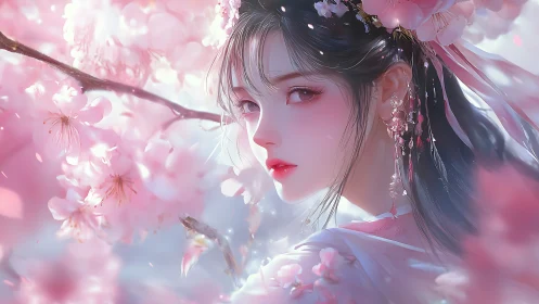 Blossom-kissed gaze beneath soft drifting sakura petals.