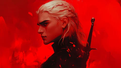 White haired warrior in red background profile portrait