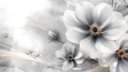 White Flowers With Orange Centers Against Neutral Background.