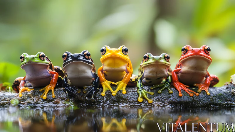 Vibrant rainforest frogs aligned on mossy branch by water.