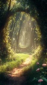 Forest path beneath tree canopy with dappled sunlight illumination