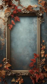 Vertical baroque frame with autumn foliage on textured teal wall