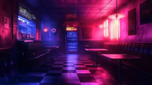 Neon drenched diner glows softly in a dreamy late night haze