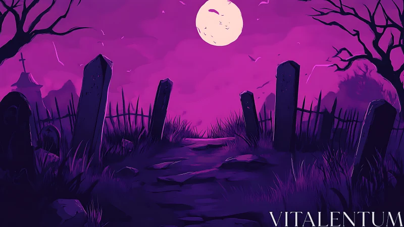 Purple night graveyard path under full moon glow.