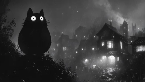 Giant shadow cat watches stormlit village in rain-soaked night.