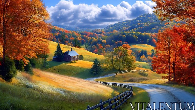 Country road curves through vivid autumn hills toward house