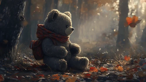 Lonely teddy bear rests in a misty autumn forest clearing.