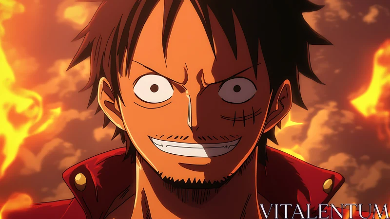 Anime character portrait with flames in warm background.