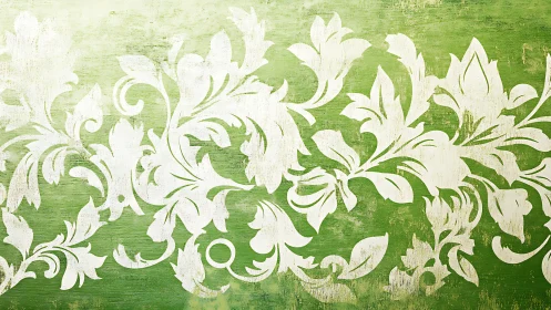 White floral stencil pattern on textured green background.