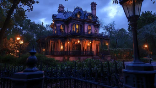 Gothic mansion glows in moody dusk with whispered secrets.