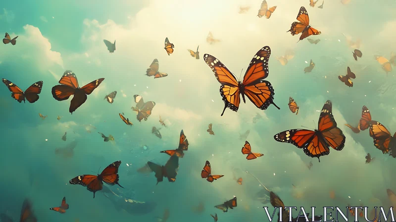 Monarch butterflies drift through luminous teal sky.