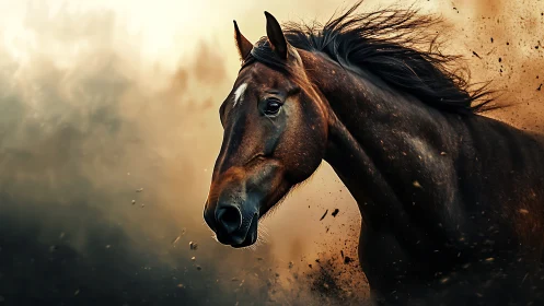 Storm-kissed stallion carves a path through flying embers