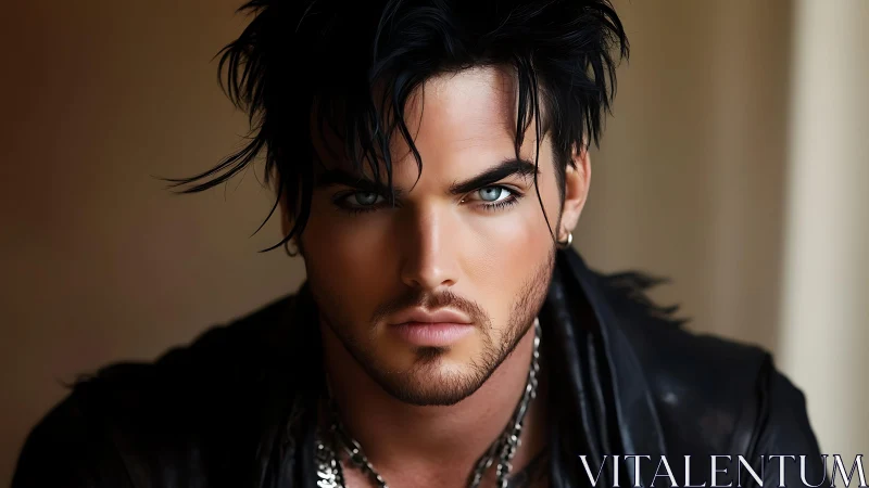 Male model portrait shows intense gaze and styled dark hair