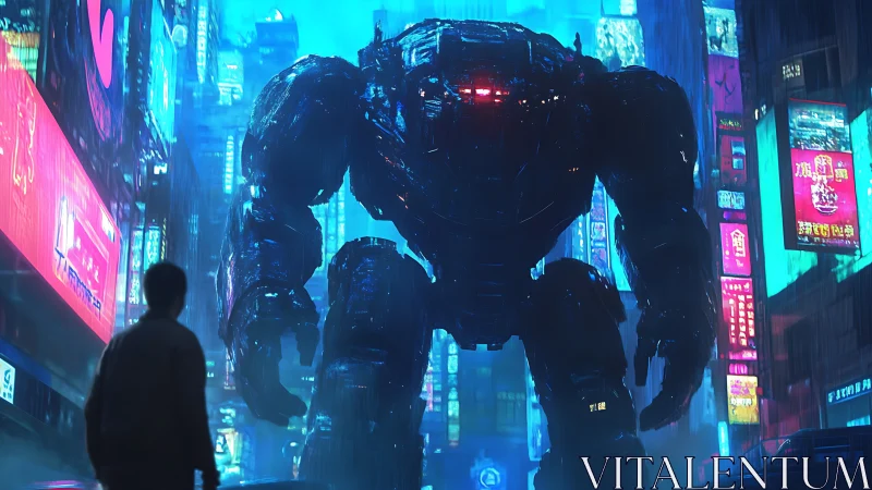 Giant bipedal mech in neon urban street at night.