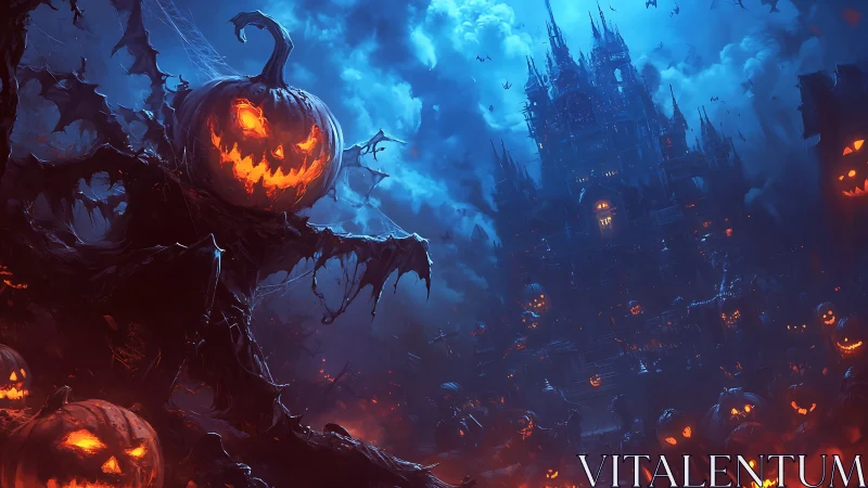 Grinning jack o&rsquo;lantern horde surrounds haunted gothic castle.