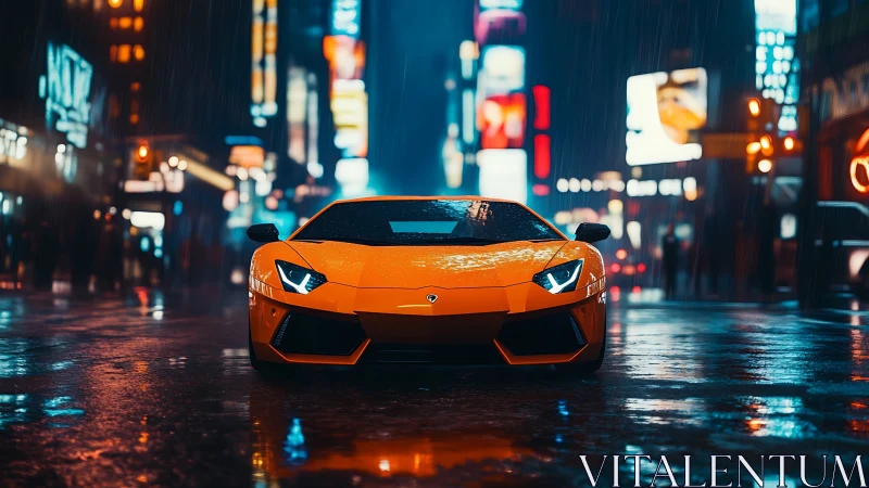 Low-angle view of orange supercar under neon rain in wet city street