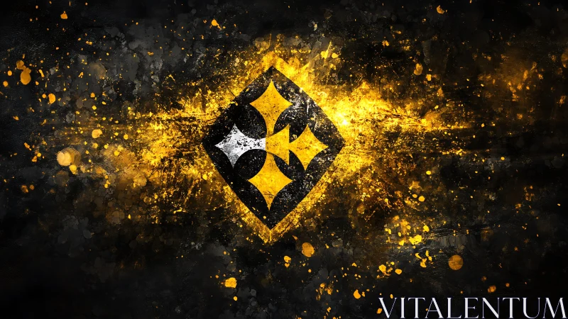 Abstract geometric diamond with gold splatter effect on black background.