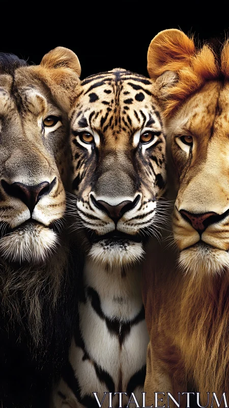 Regal Big Cats: Lion, Tiger, Lioness Portrait.