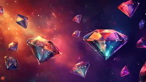 Multicolored crystal diamonds floating in deep space.