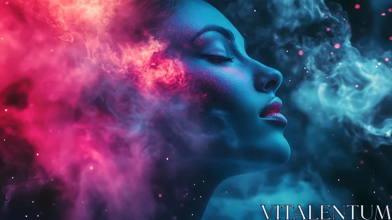 Surreal neon portrait of woman in swirling colored smoke.