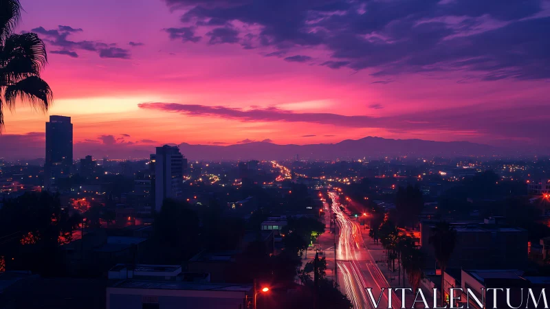 City boulevard glows under vivid magenta sunset sky.