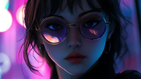 Neon-lit cyber-noir portrait renders reflective round lenses