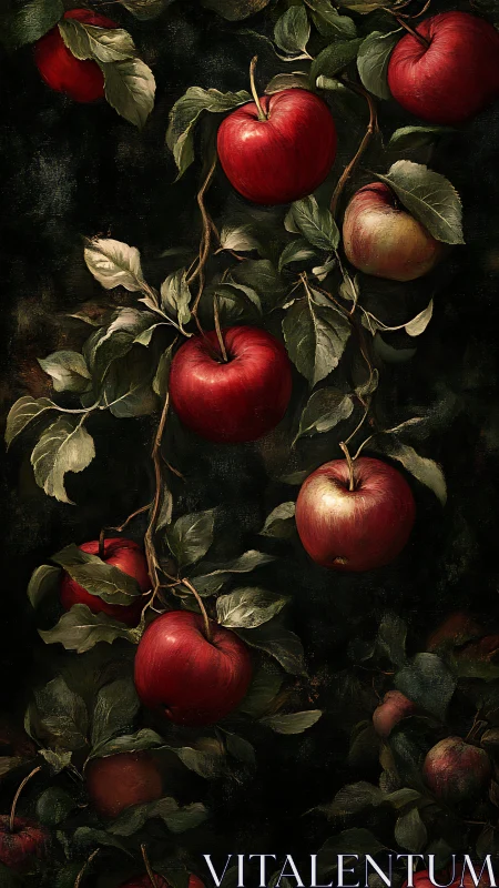 Ripe red apples hanging on dark leafy branches in shade.