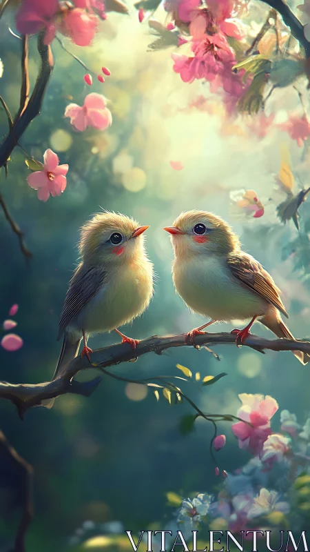 Blossom-bright songbirds trading dawn secrets on a branch.