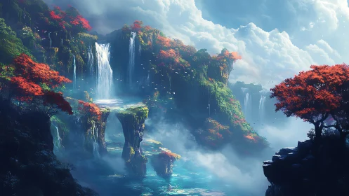 Digital landscape shows tiered waterfalls and red-leaf trees