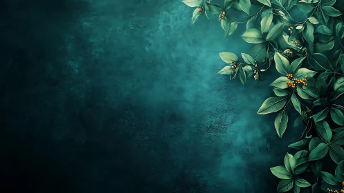 Dark teal textured wall with leafy botanical border.