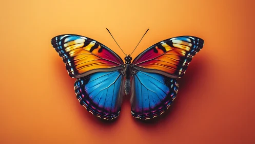 Neon sunset butterfly hovering over a warm citrus dreamscape.