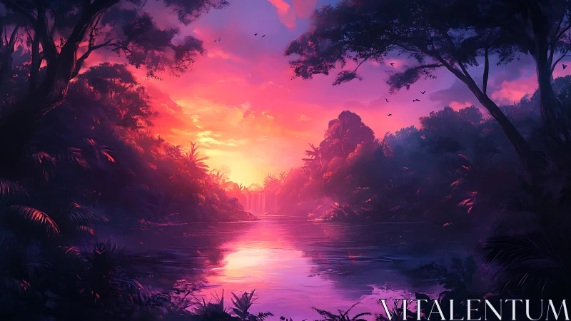 Neon dusk river cradles a dreaming jungle horizon in firelight.
