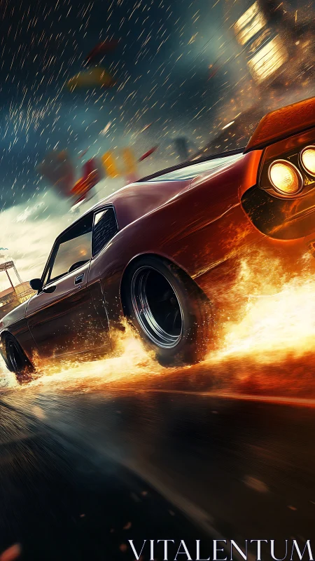 Retro muscle car drifting through rain with fiery tire spray