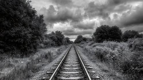 Quiet railway path stretching into a moody, clouded horizon.