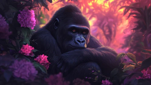 Gorilla resting in luminous jungle surrounded by blossoms.